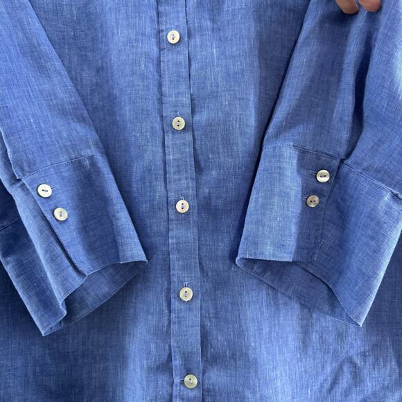 Chicos Top Womens 2 US12 Blue Linen Chambray Button Front 3/4 Sleeves Casual - Picture 5 of 12